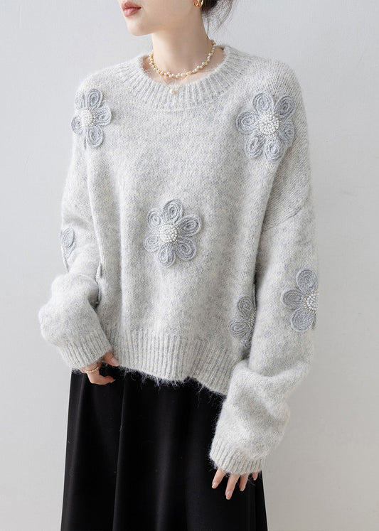 Boutique Grey O Neck Floral Nail Bead Knit Sweater Tops Spring
