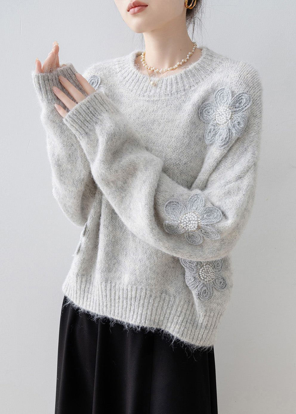 Boutique Grey O Neck Floral Nail Bead Knit Sweater Tops Spring