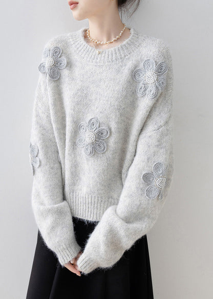 Boutique Grey O Neck Floral Nail Bead Knit Sweater Tops Spring