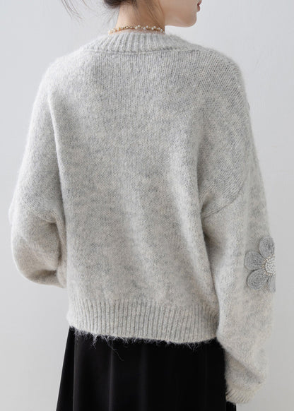 Boutique Grey O Neck Floral Nail Bead Knit Sweater Tops Spring