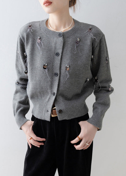 Boutique Grey O Neck Sequins Knit Cardigan Spring