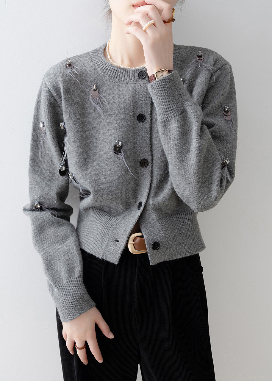 Boutique Grey O Neck Sequins Knit Cardigan Spring