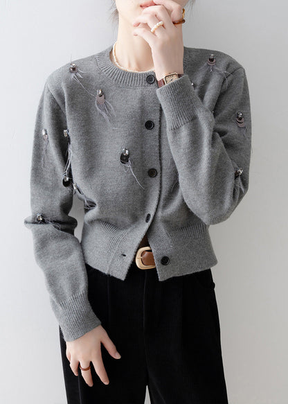 Boutique Grey O Neck Sequins Knit Cardigan Spring