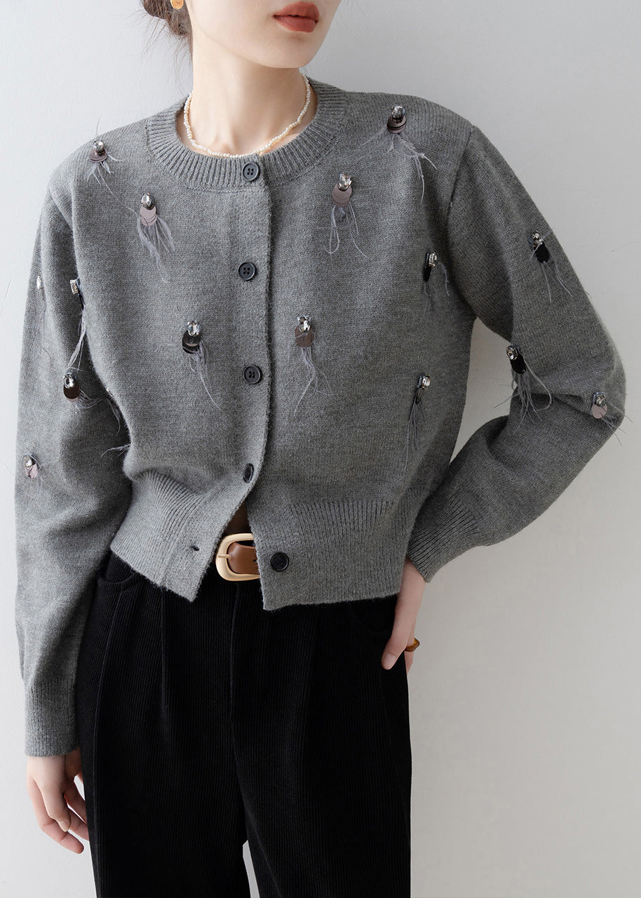 Boutique Grey O Neck Sequins Knit Cardigan Spring