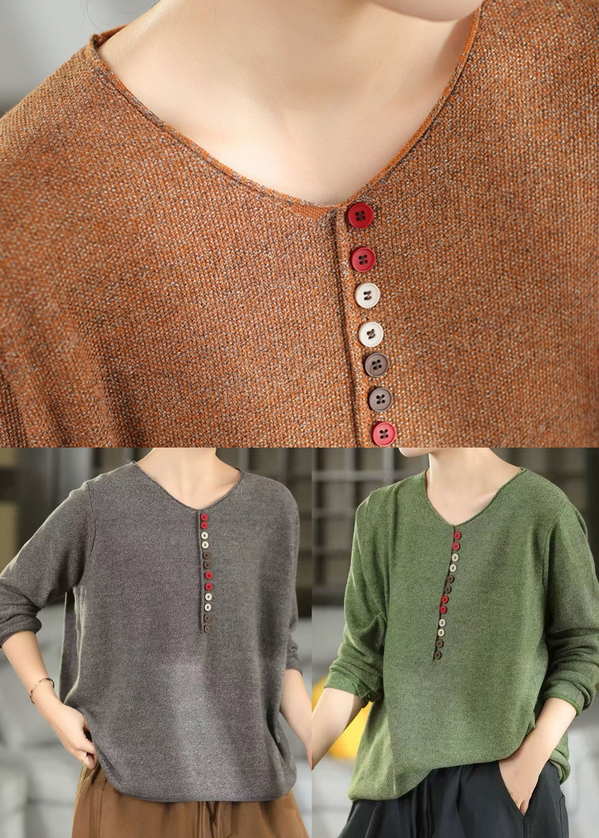 Boutique Grey Oversized Button Knitted Tops Winter