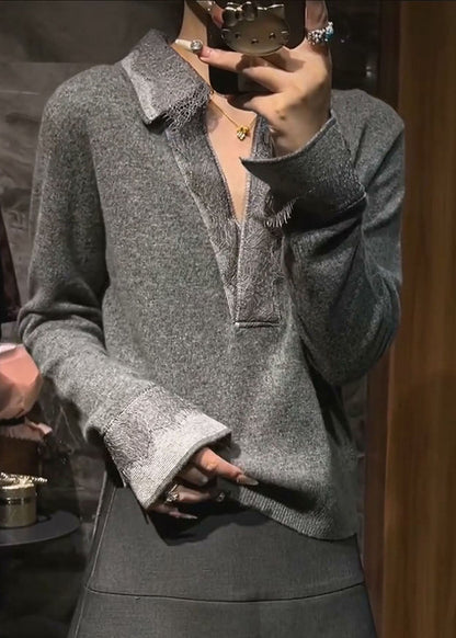 Boutique Grey Peter Pan Collar Patchwork Cotton Knit Sweaters Flare Sleeve