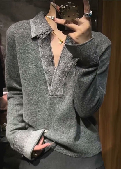 Boutique Grey Peter Pan Collar Patchwork Cotton Knit Sweaters Flare Sleeve