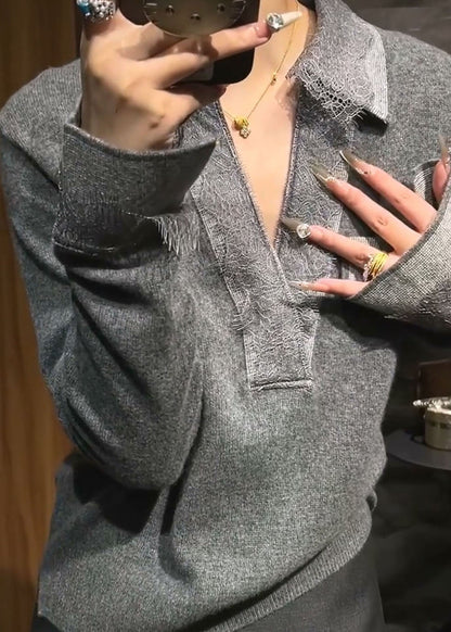 Boutique Grey Peter Pan Collar Patchwork Cotton Knit Sweaters Flare Sleeve