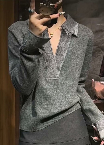 Boutique Grey Peter Pan Collar Patchwork Cotton Knit Sweaters Flare Sleeve