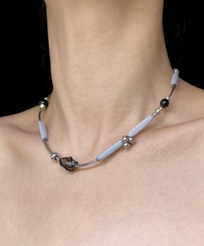 Boutique Grey Stainless Steel Black Agate Glass Pendant Necklace