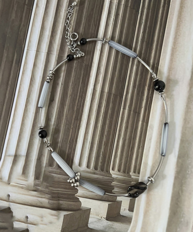 Boutique Grey Stainless Steel Black Agate Glass Pendant Necklace