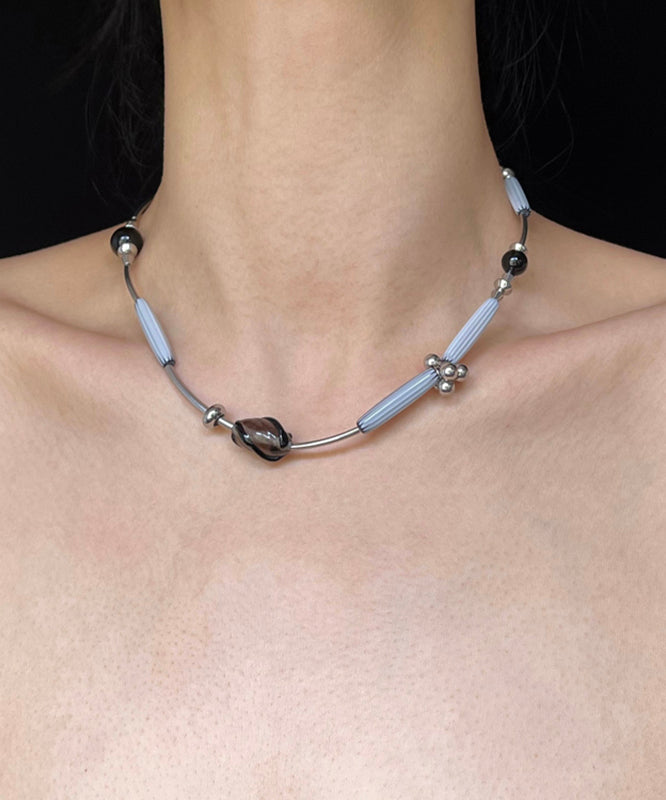 Boutique Grey Stainless Steel Black Agate Glass Pendant Necklace