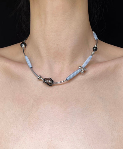 Boutique Grey Stainless Steel Black Agate Glass Pendant Necklace