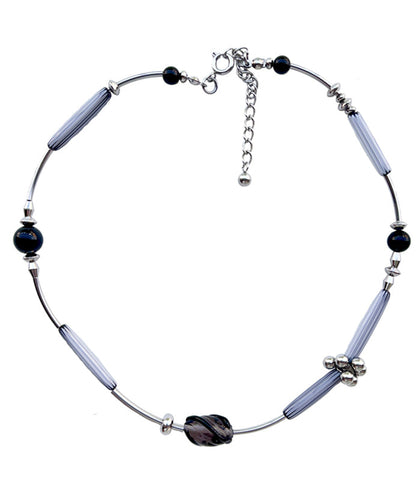 Boutique Grey Stainless Steel Black Agate Glass Pendant Necklace