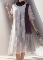 Boutique Grey Stand Collar Print Patchwork Tulle Dress Summer
