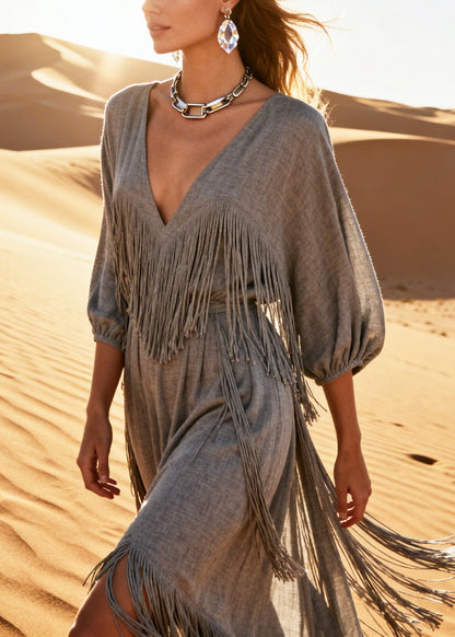 Boutique Grey Tasseled Cotton Maxi Dresses Half Sleeve