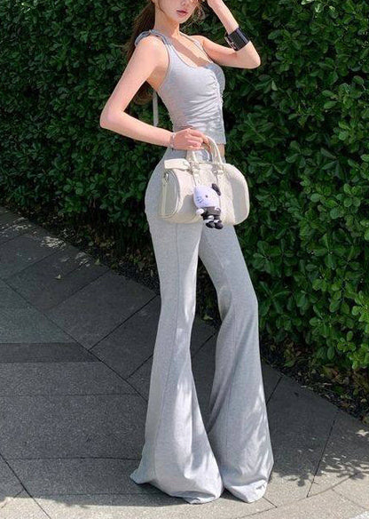 Boutique Grey U Neck Wrinkled Cotton Two Pieces Set Summer