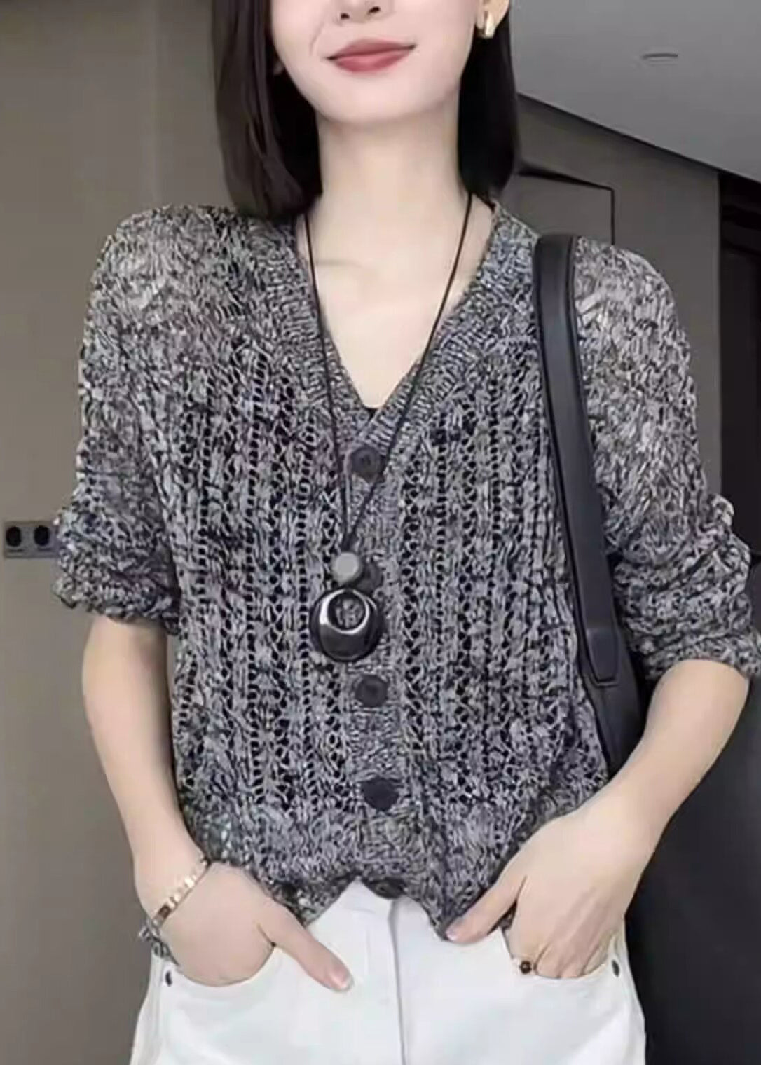 Boutique Grey V Neck Button Knit Cardigans Fall