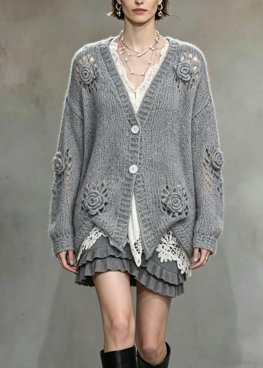 Boutique Grey V Neck Hollow Out Floral Knit Cardigans Fall