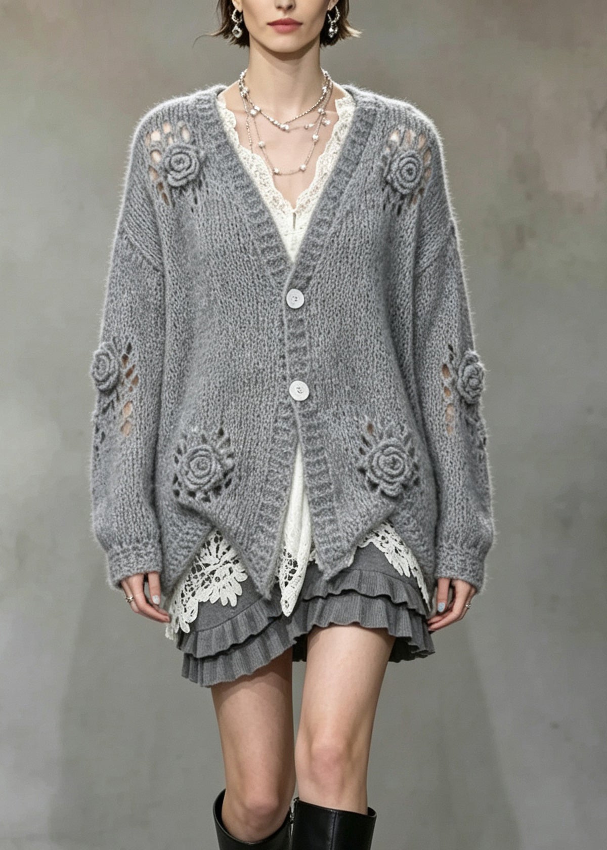 Boutique Grey V Neck Hollow Out Floral Knit Cardigans Fall