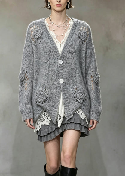 Boutique Grey V Neck Hollow Out Floral Knit Cardigans Fall