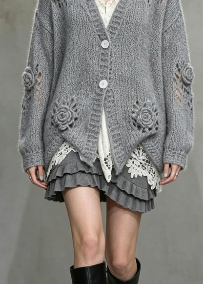 Boutique Grey V Neck Hollow Out Floral Knit Cardigans Fall
