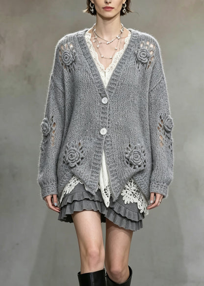 Boutique Grey V Neck Hollow Out Floral Knit Cardigans Fall
