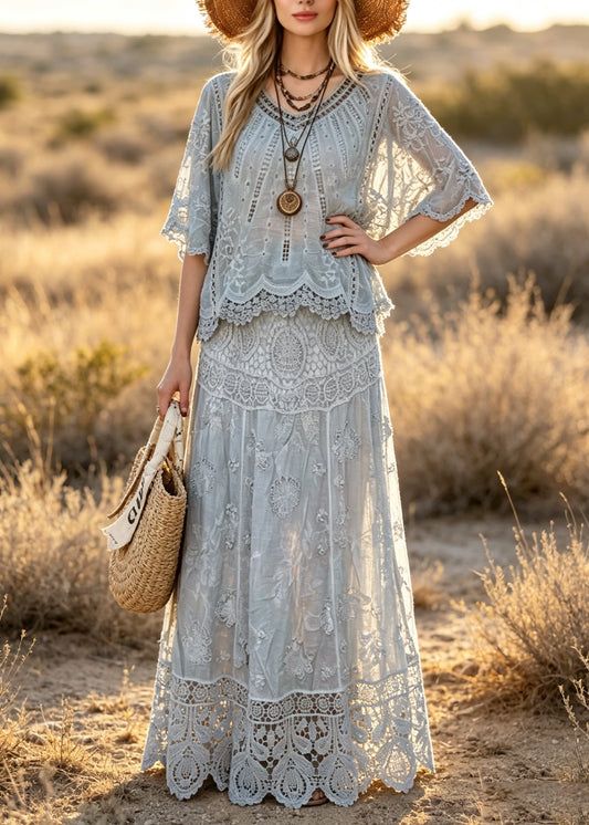 Boutique Grey V Neck Hollow Out Patchwork Lace Two Pieces Set Summer