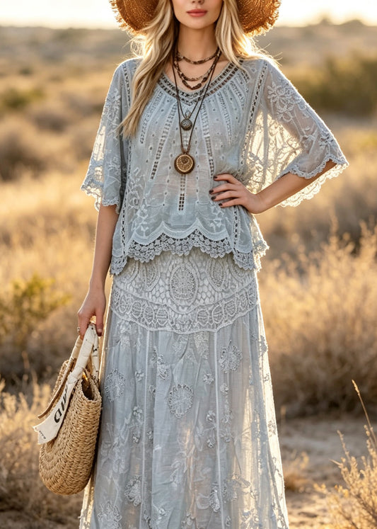 Boutique Grey V Neck Hollow Out Patchwork Lace Two Pieces Set Summer