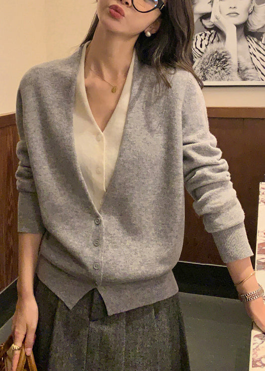 Boutique Grey V Neck Patchwork False Two Pieces Woolen Sweaters Spring