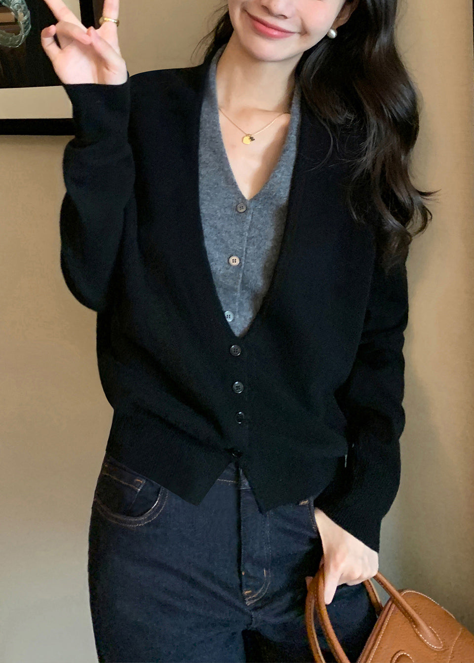 Boutique Grey V Neck Patchwork False Two Pieces Woolen Sweaters Spring