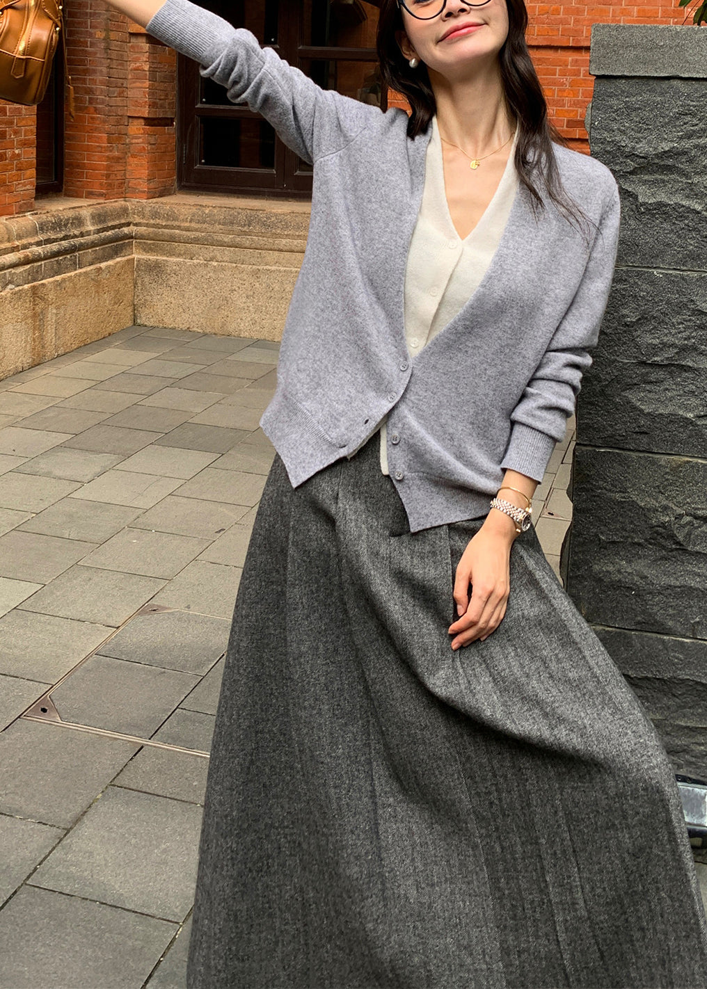 Boutique Grey V Neck Patchwork False Two Pieces Woolen Sweaters Spring