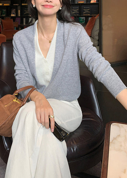 Boutique Grey V Neck Patchwork False Two Pieces Woolen Sweaters Spring