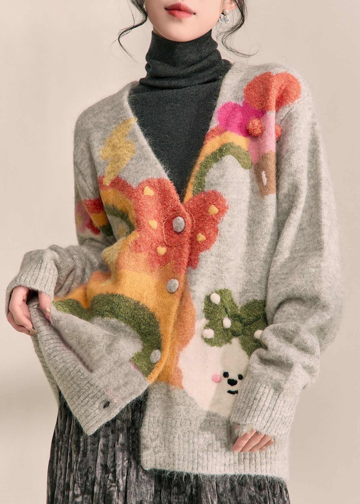 Boutique Grey V Neck Print Cotton Knit Cardigans Spring