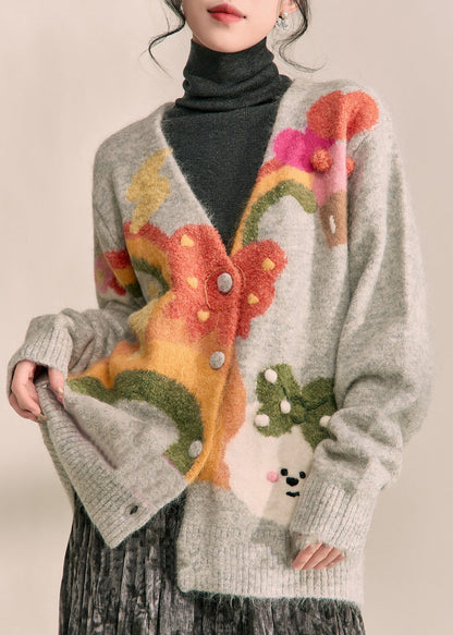 Boutique Grey V Neck Print Cotton Knit Cardigans Spring