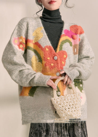 Boutique Grey V Neck Print Cotton Knit Cardigans Spring