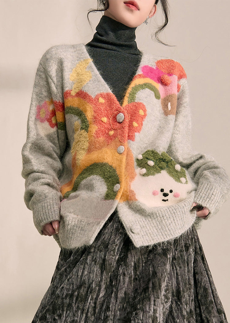 Boutique Grey V Neck Print Cotton Knit Cardigans Spring