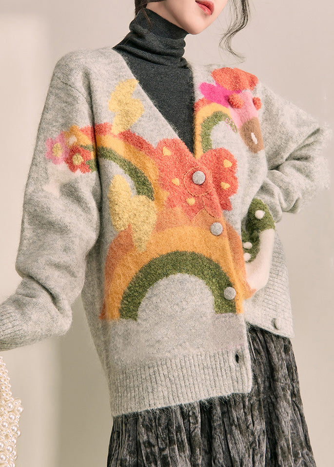 Boutique Grey V Neck Print Cotton Knit Cardigans Spring
