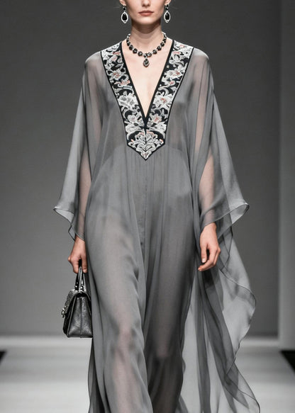 Boutique Grey V Neck Print Patchwork Chiffon Dress Spring