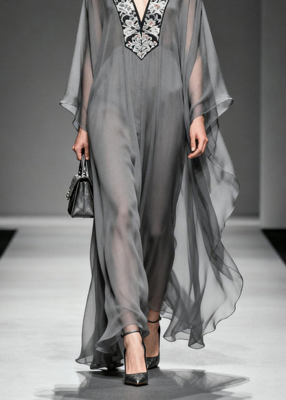 Boutique Grey V Neck Print Patchwork Chiffon Dress Spring