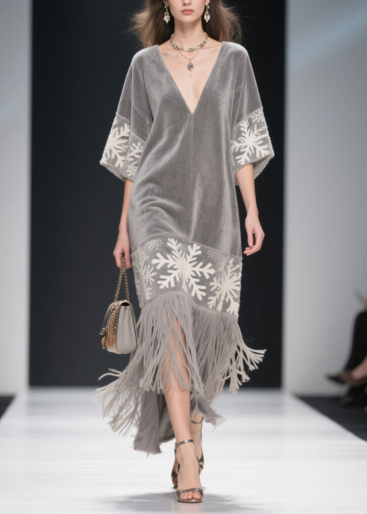 Boutique Grey V Neck Tassel Patchwork Velvet Dress Summer