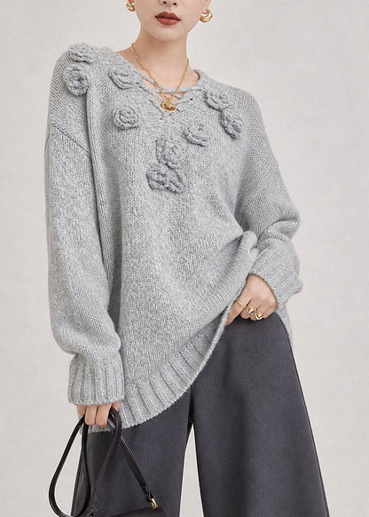 Boutique Grey V Neck Thick Floral Knit Sweaters Fall