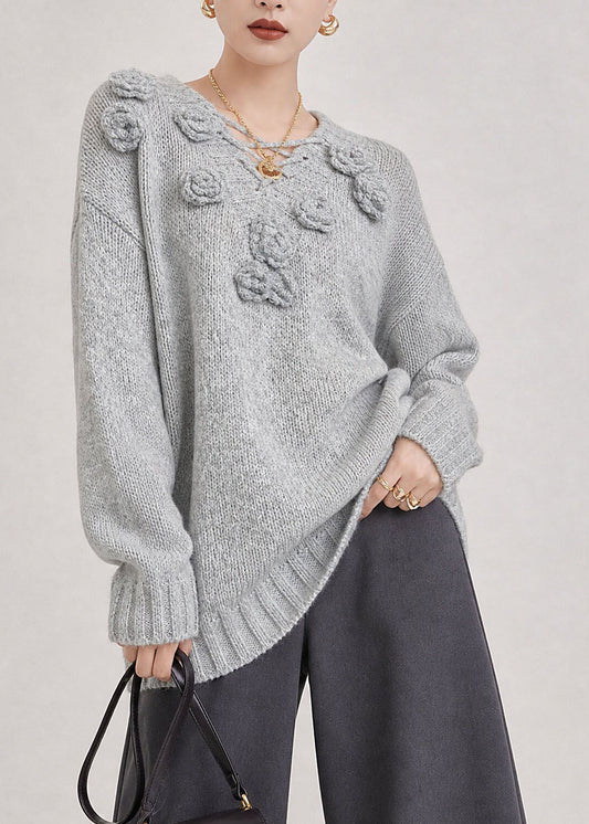 Boutique Grey V Neck Thick Floral Knit Sweaters Fall