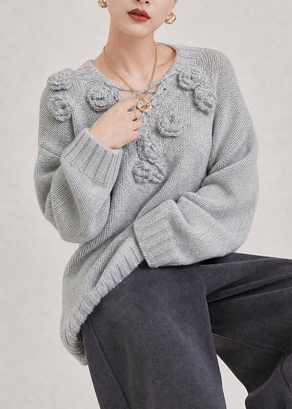 Boutique Grey V Neck Thick Floral Knit Sweaters Fall