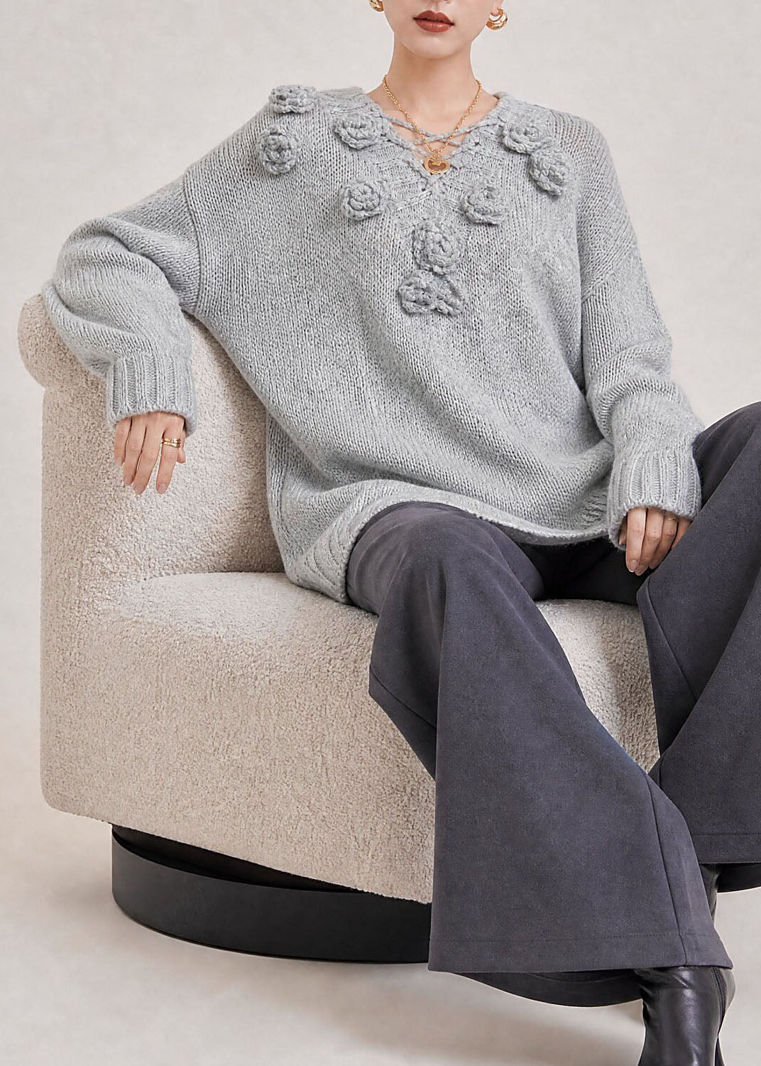 Boutique Grey V Neck Thick Floral Knit Sweaters Fall