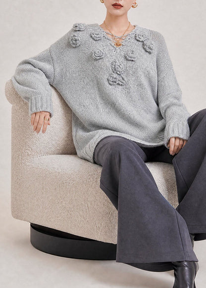 Boutique Grey V Neck Thick Floral Knit Sweaters Fall