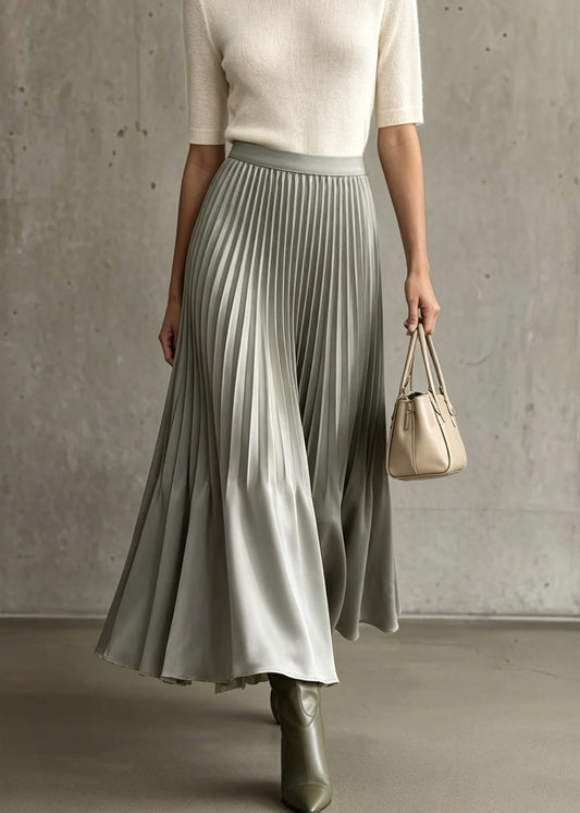 Boutique Grey Wrinkled Patchwork Elastic Waist Silk Skirts Fall