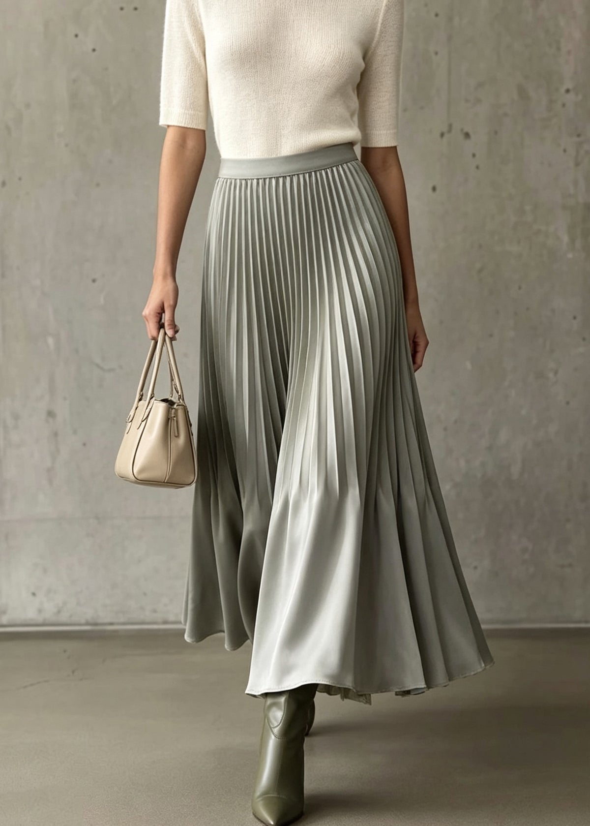 Boutique Grey Wrinkled Patchwork Elastic Waist Silk Skirts Fall