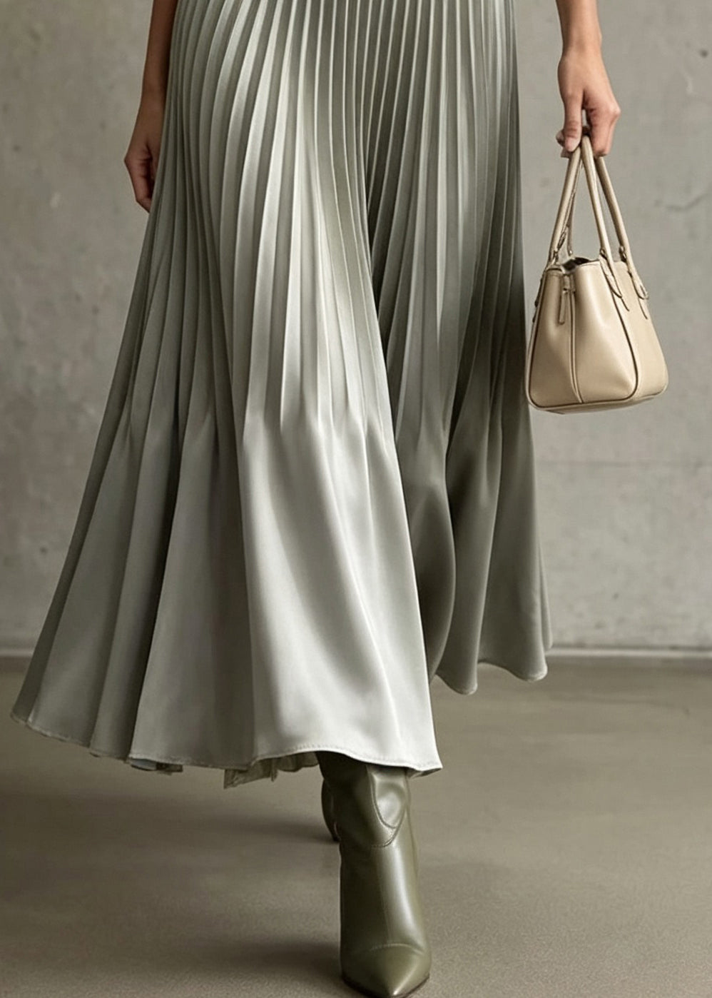 Boutique Grey Wrinkled Patchwork Elastic Waist Silk Skirts Fall