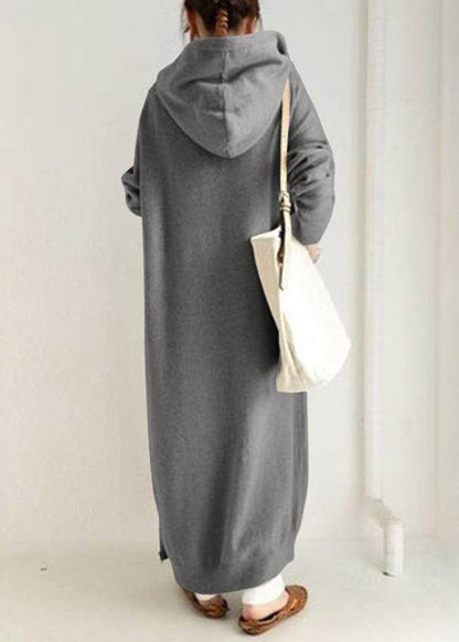 Boutique Grey Zippered Pockets Patchwork Hooded Fleece Coat Fall